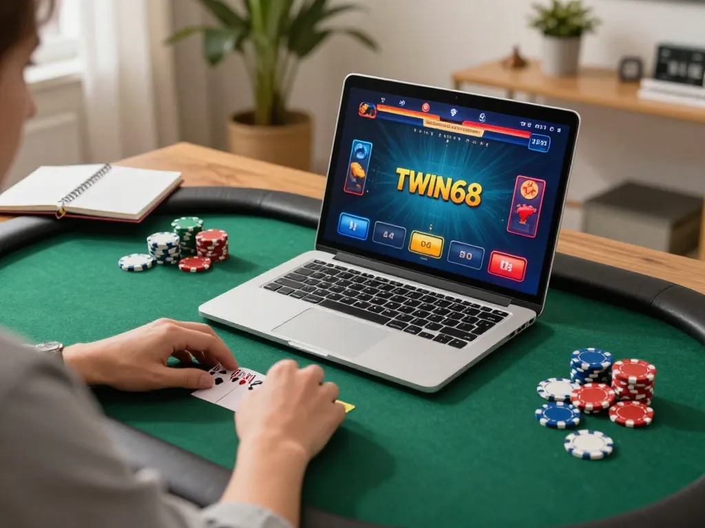 TWIN68 poker gameplay displayed on a laptop, highlighting strategy in comfortable home setting