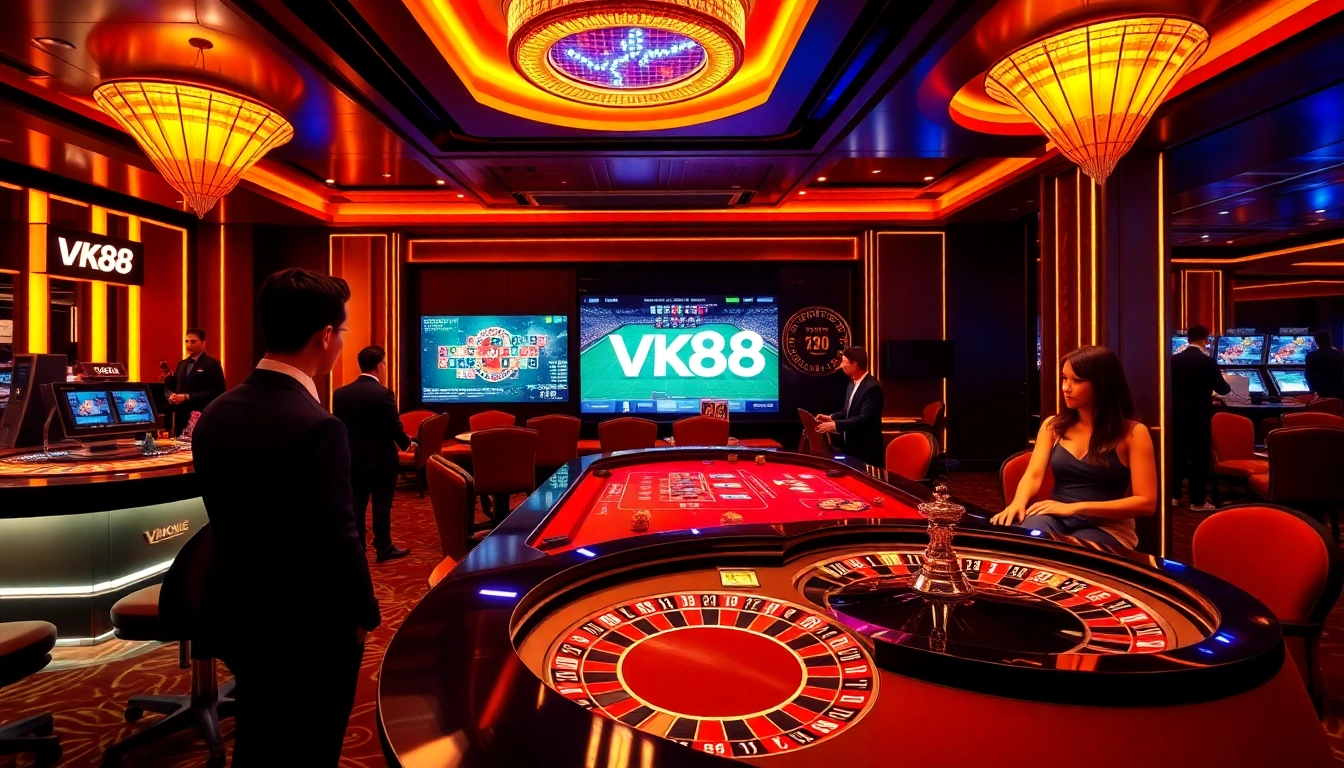 Experience the thrill of VK88 at a vibrant casino with poker tables and roulette wheels.