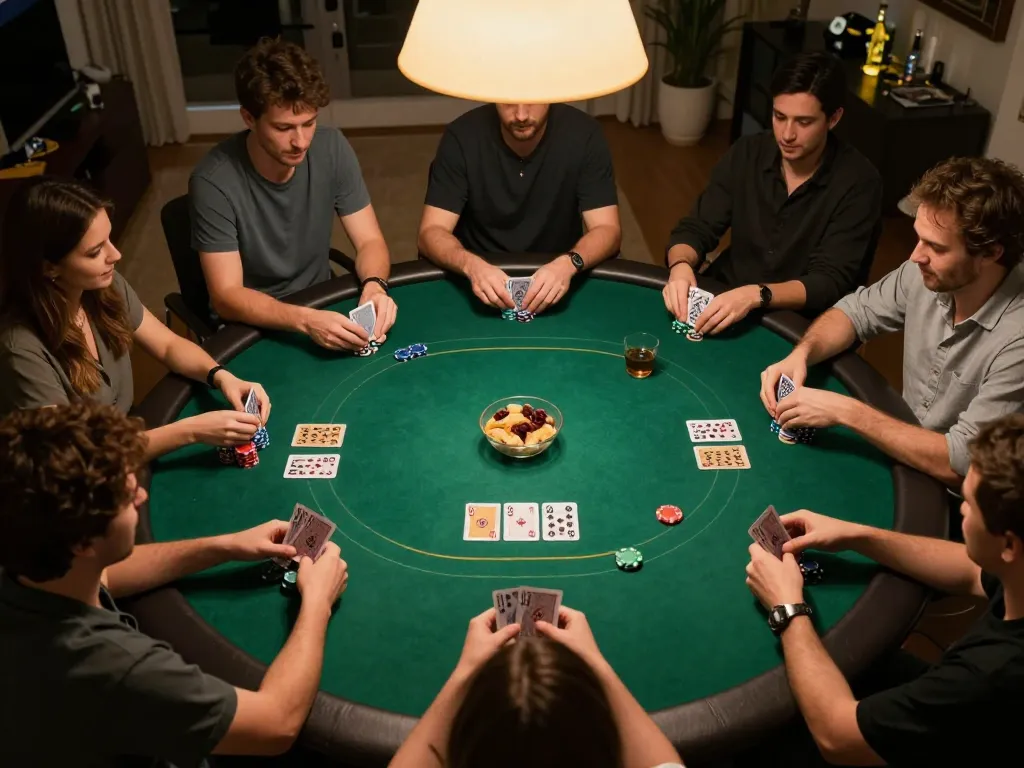 luck8 players engaging in a friendly poker game with chips and cards laid out on a green felt table