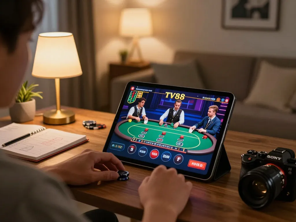 Engaged player enjoying a TV88 game on tablet, showcasing online gambling excitement and strategy in a cozy home.