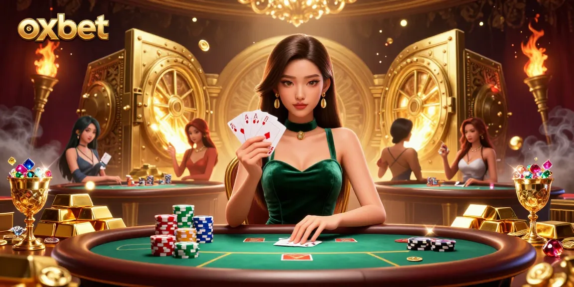 Join the exciting world of OXBET as a stunning dealer showcases her poker hand amid dazzling riches.