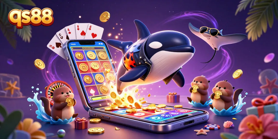 Experience the thrill of qs88 with winning otters, an orca, and a stingray in a vibrant casino scene.