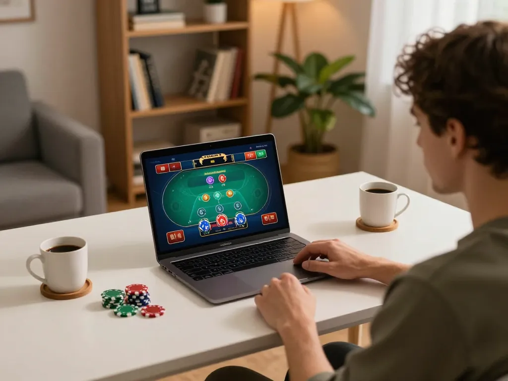 TOP88 player engaging in online poker gaming from home, showcasing accurate gameplay interface and relaxing environment