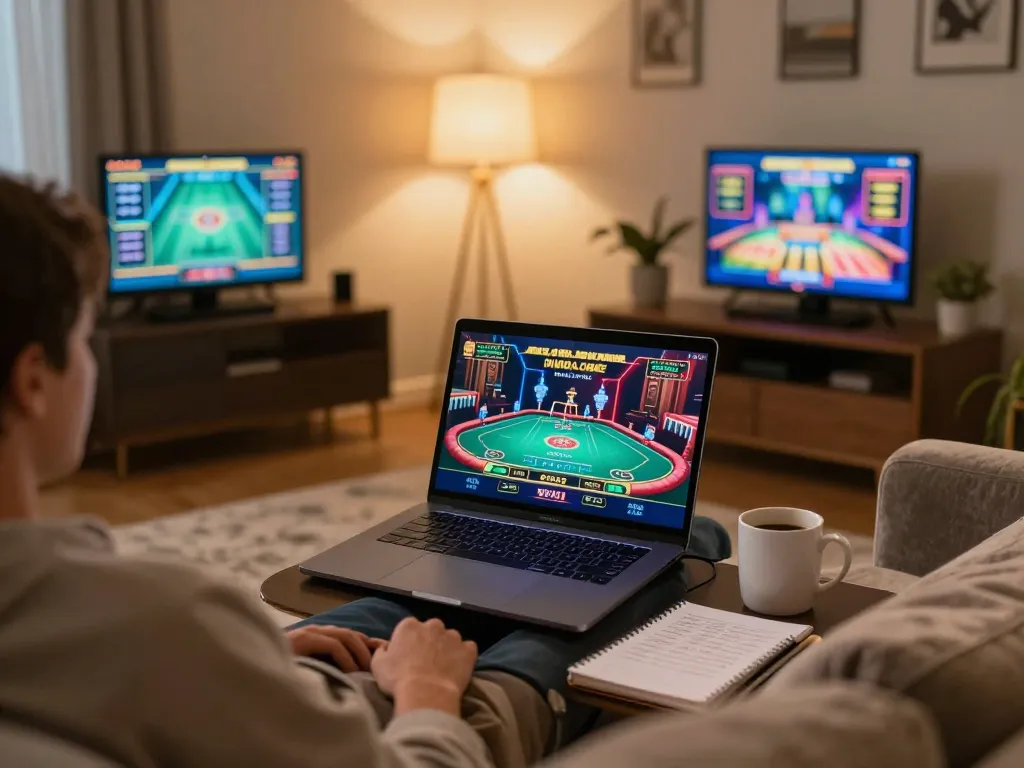 Experience online gaming excitement at https://ta88.nl/ with a live dealer interface on a cozy sofa while sipping coffee.