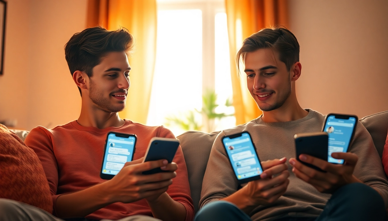 A couple engaged in sexting AI conversations in a cozy, modern living room, highlighting intimacy and digital connection.