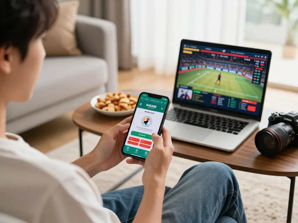 DAGA88 user engaging with betting app on smartphone in cozy living setting, showcasing responsible gaming.