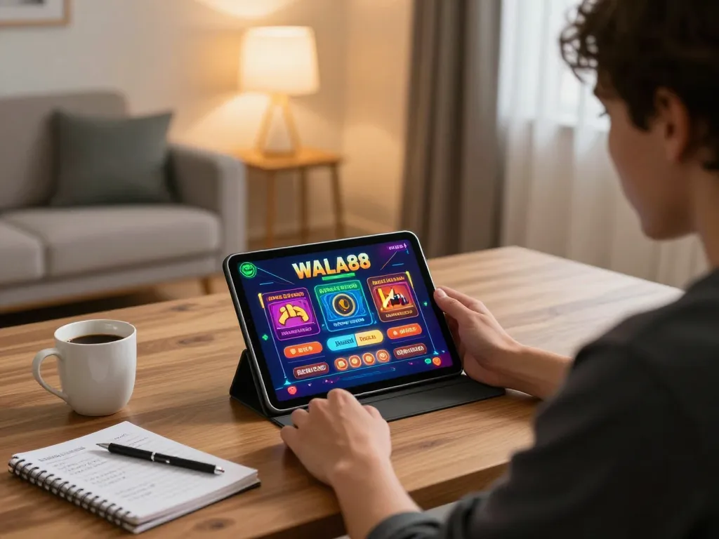 WALA88 player engaging in online gaming with tablet at home, emphasizing strategic betting.