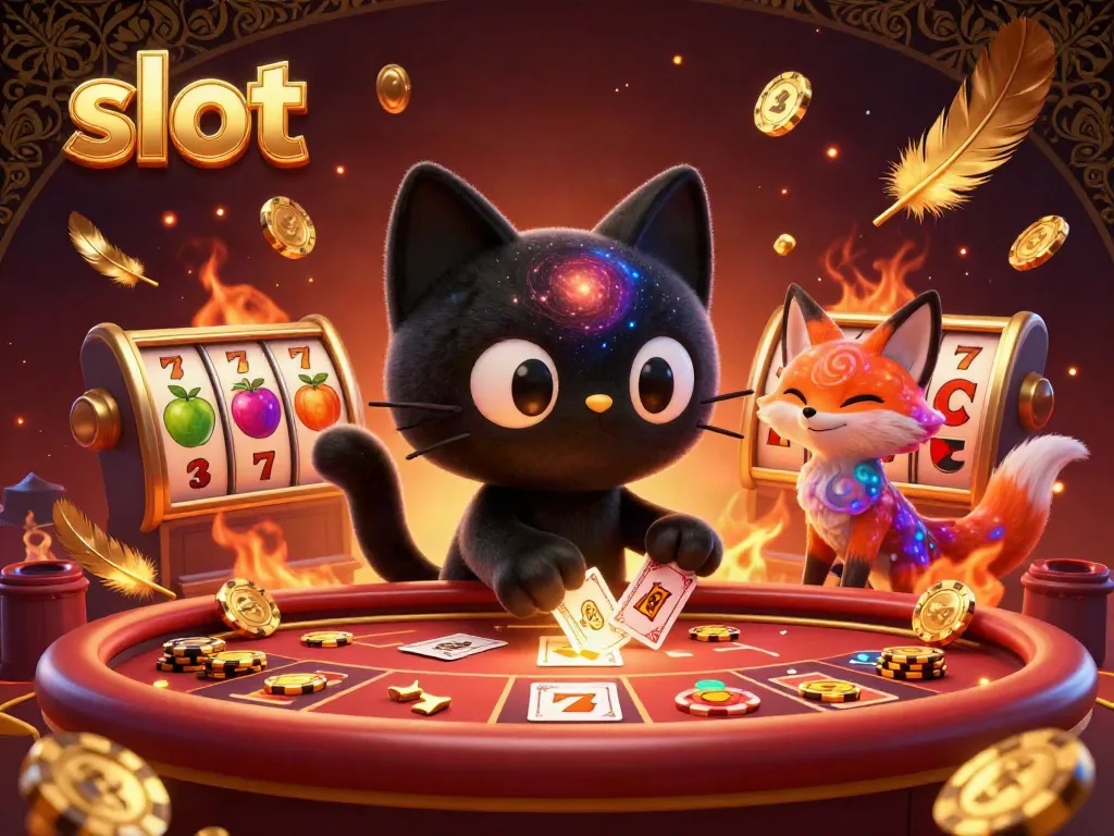 Engaging scene of a black hole cat surrounded by casino slot games, emphasizing excitement and winning.