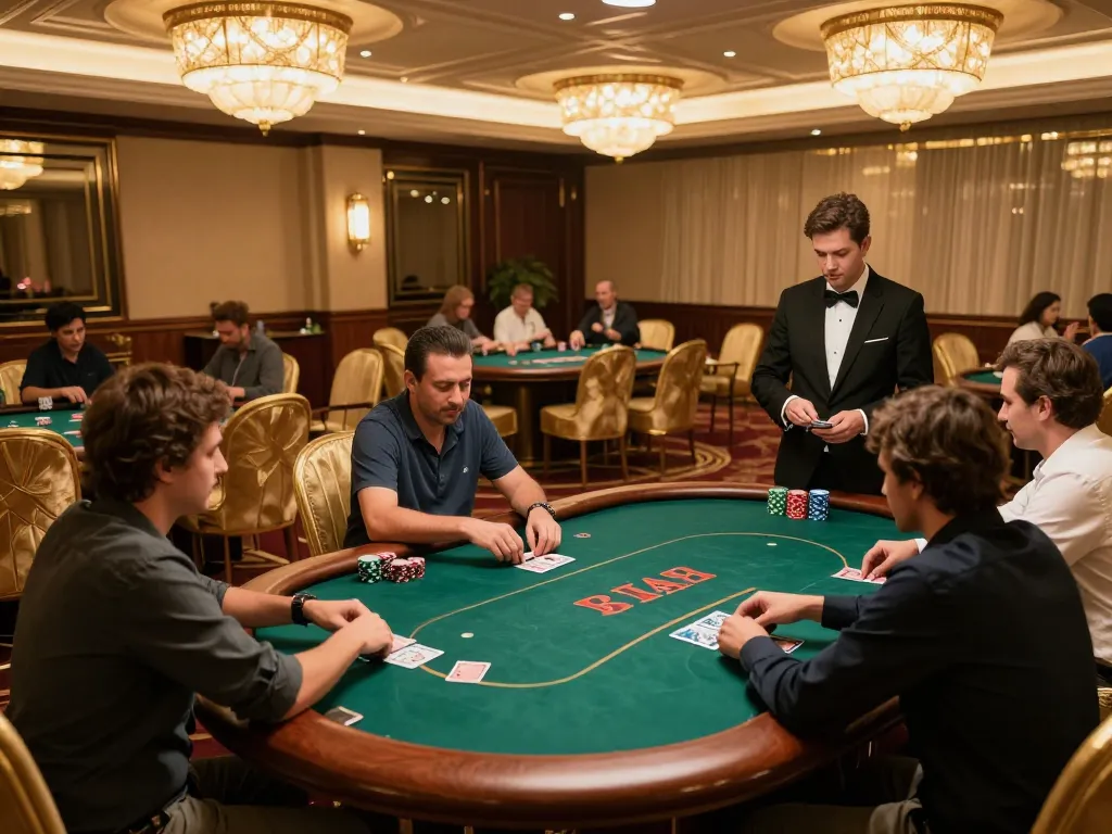 Poker room at vin88org.com showcasing high-stakes gameplay with elegant decor and professional dealers.