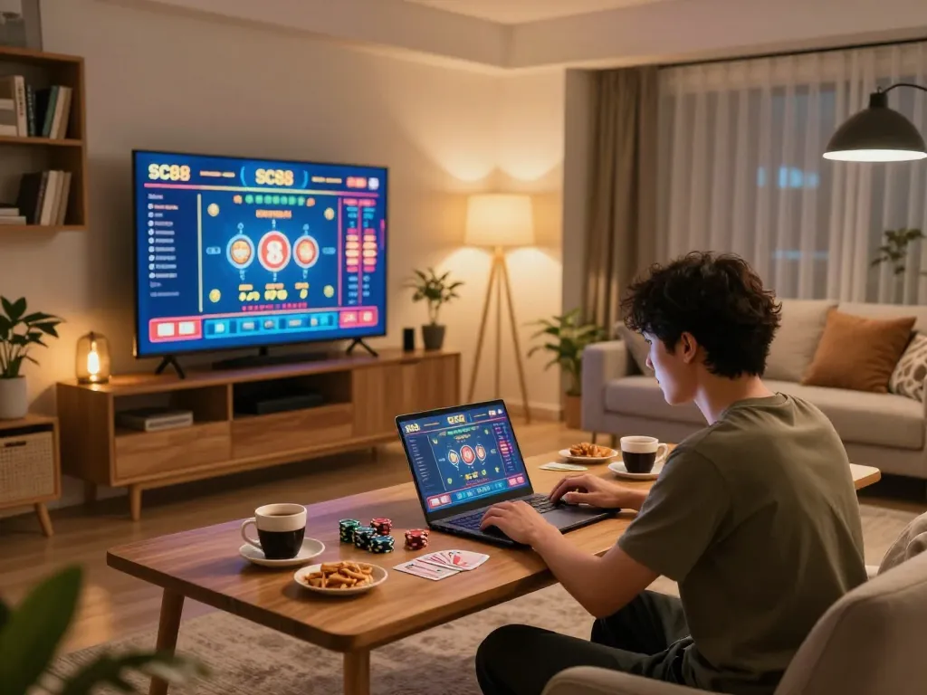 SC88 online gambling in a cozy home setting with a player engaged on their laptop.
