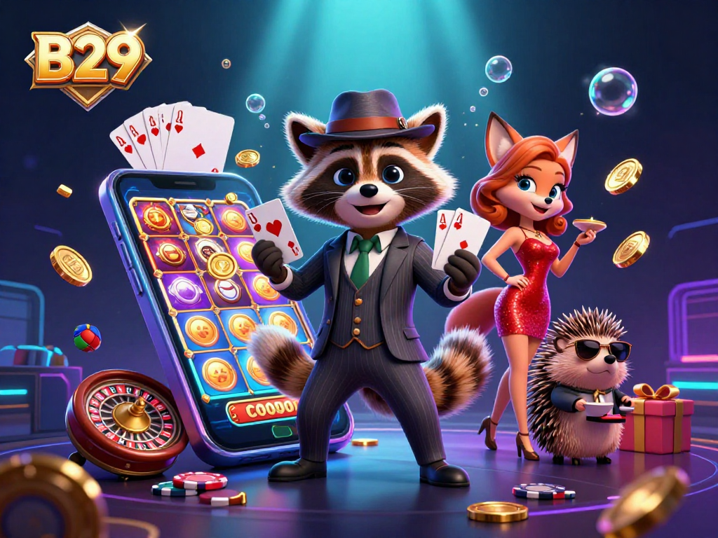 Experience thrilling gameplay at B29 casino with a suave raccoon, elegant fox, and bouncer in vibrant casino scene.
