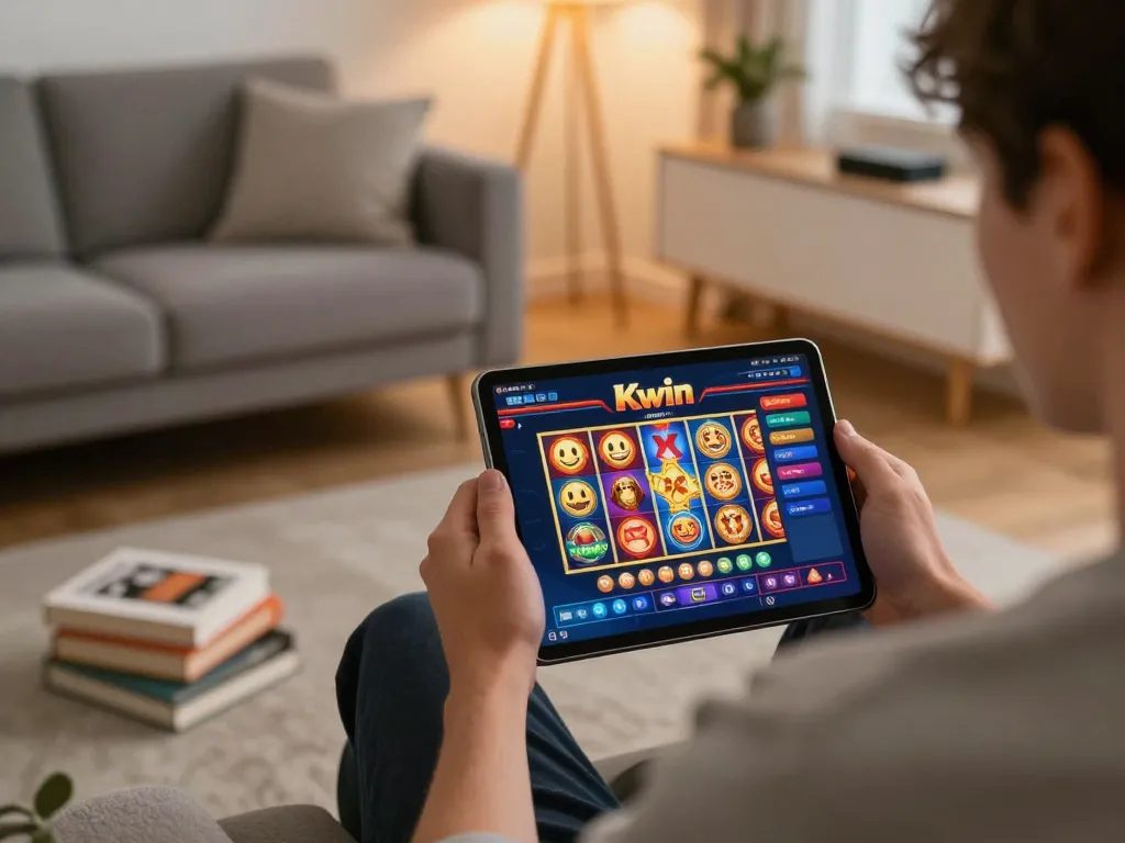 Kwin player enjoying an online slot game on a tablet, capturing the thrill of digital gambling.