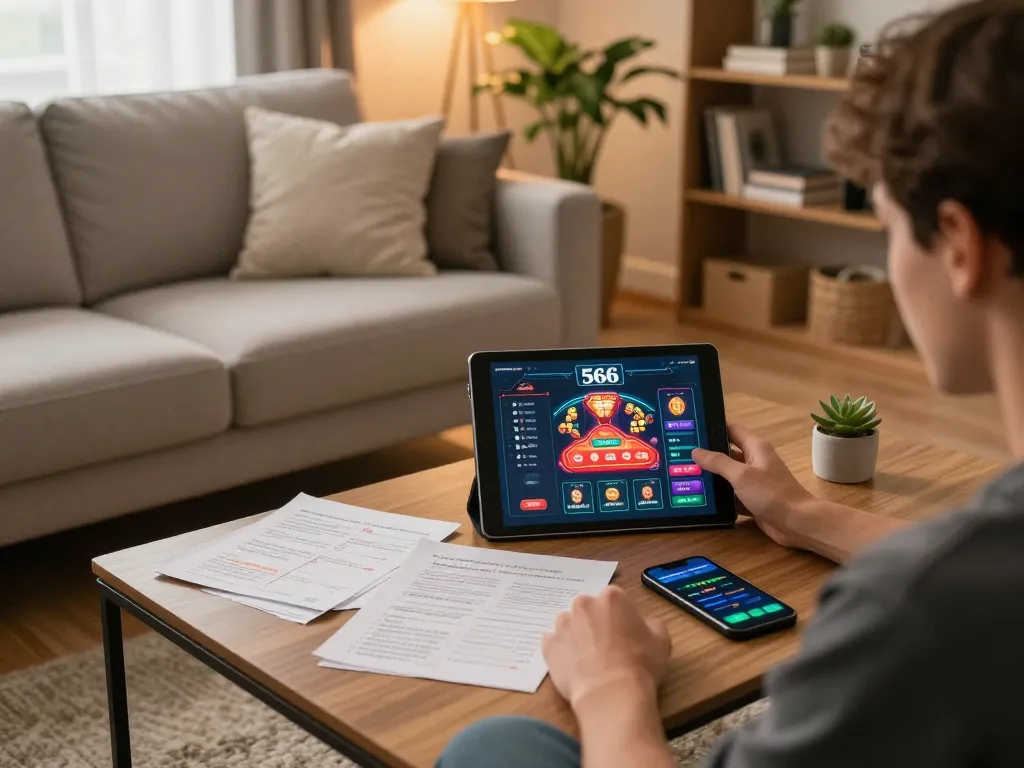 Player engaging with the 566 app on a tablet for online casino gaming, showing strategic notes and alerts