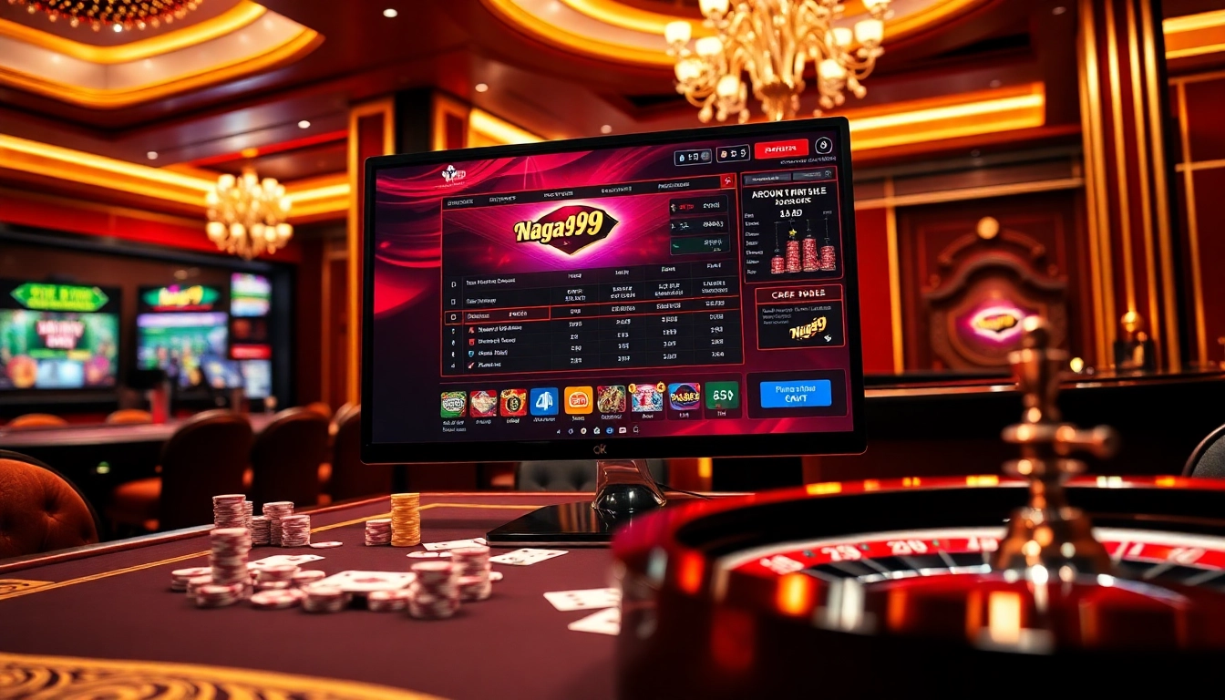 Naga99 online gambling table scene with vibrant poker chips and roulette wheel