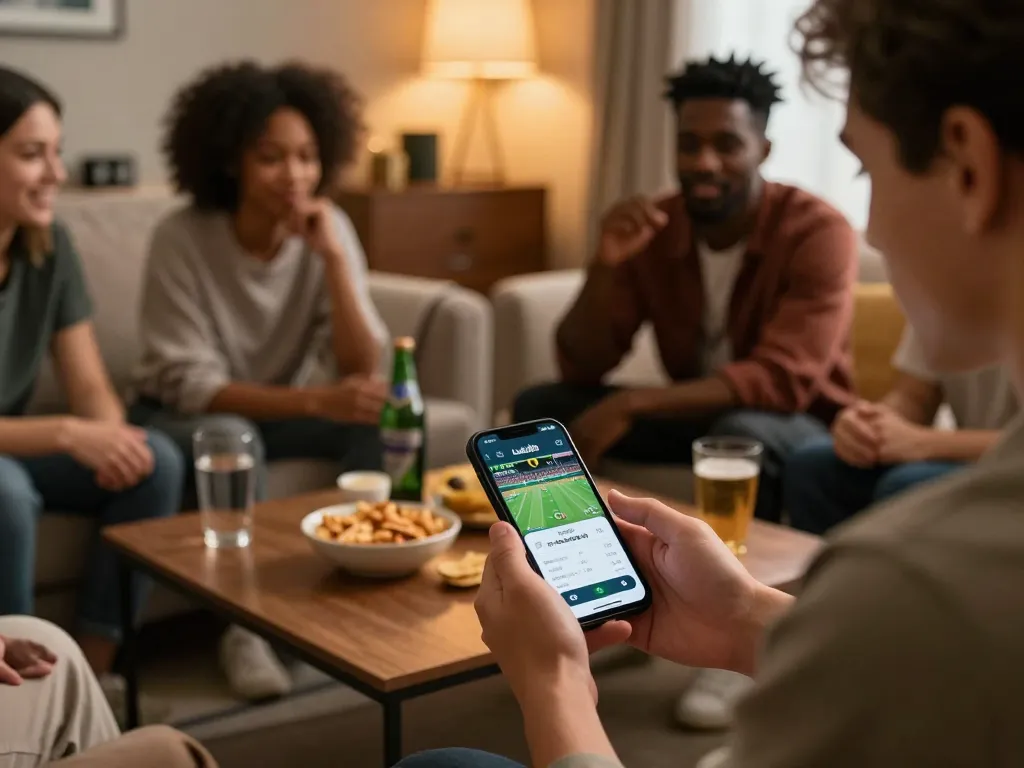 Friends placing bets on Lucky88 app during a cozy sports betting night.