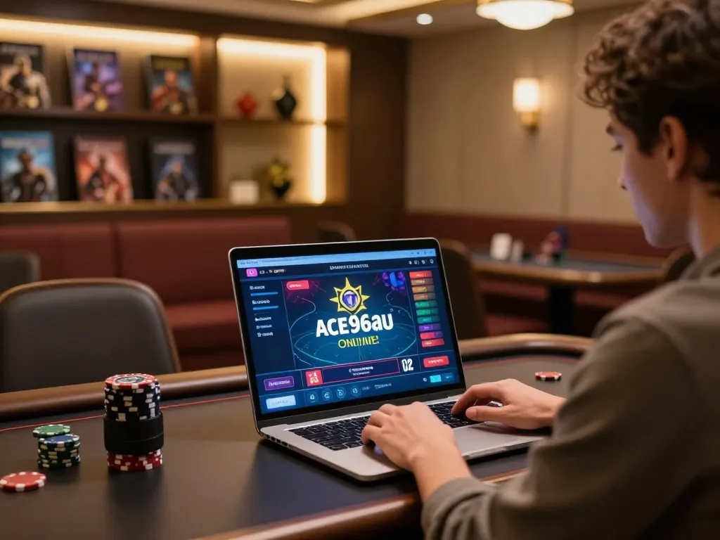 Engaged player enjoying poker on Ace96au platform from a stylish modern desk.