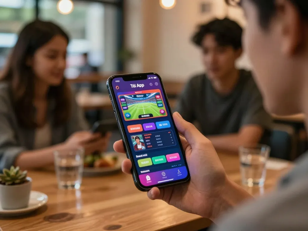 Tải App 98WIN displayed on smartphone screen while enjoying mobile gaming at a cozy cafe