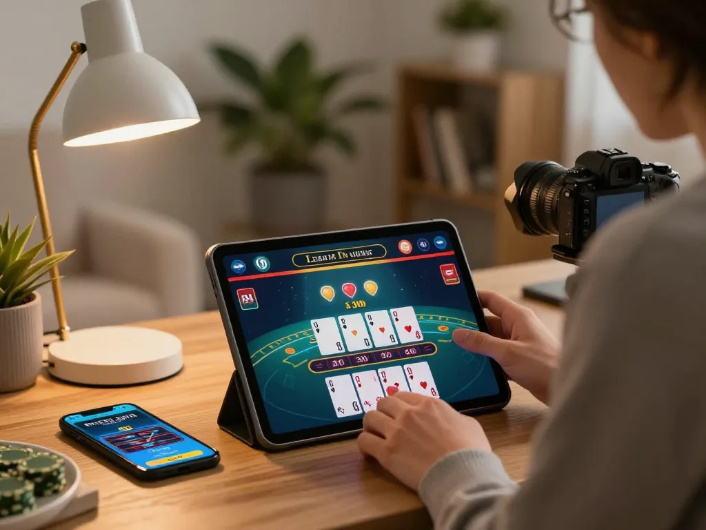 Engaged player using sc88e app for live dealer game on tablet, surrounded by cozy decor.