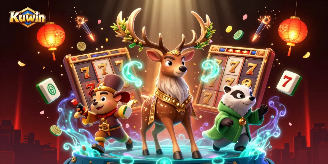 Kuwin offers vibrant 3D scenes with slot reels, gold elements, and Celtic characters floating in a dynamic casino atmosphere.