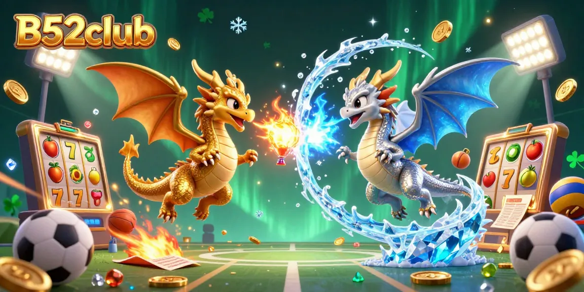 The B52club offers an enchanting 3D scene with golden and silver dragons amid vibrant casino elements, ideal for engaging gamblers.