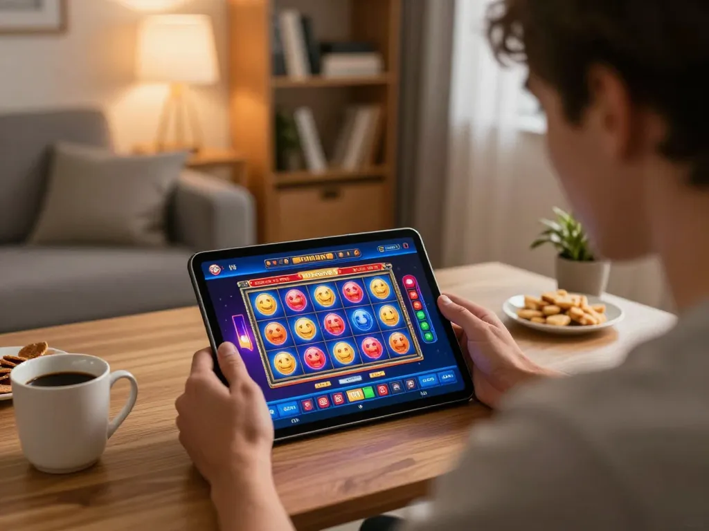 Engaged player at nhà cái co88 using a tablet to explore vibrant slot games in a cozy home setup
