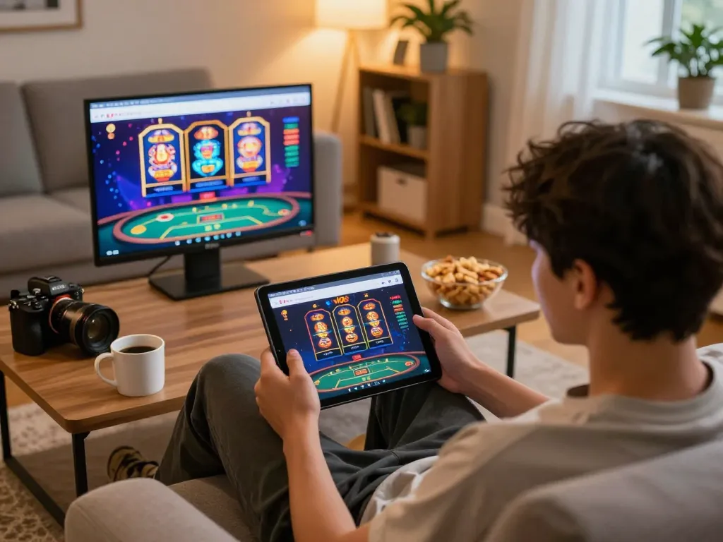 Engaged player enjoying the website vb88 with colorful games on a tablet during online gaming session.