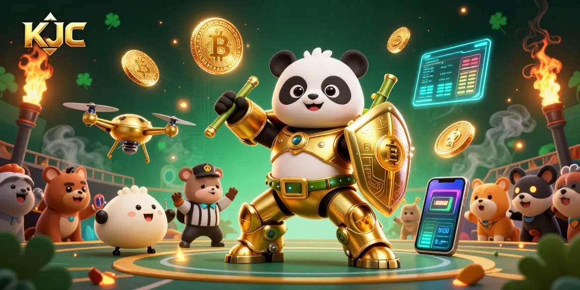 KJC casino characters engaging in gameplay action, featuring neon cryptocurrency elements and interactive game scenes.