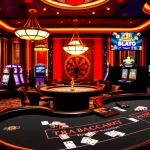 Baccarat table and slot machines at Happyluke Casino, reflecting excitement for gamblers at https://red88.hot/.
