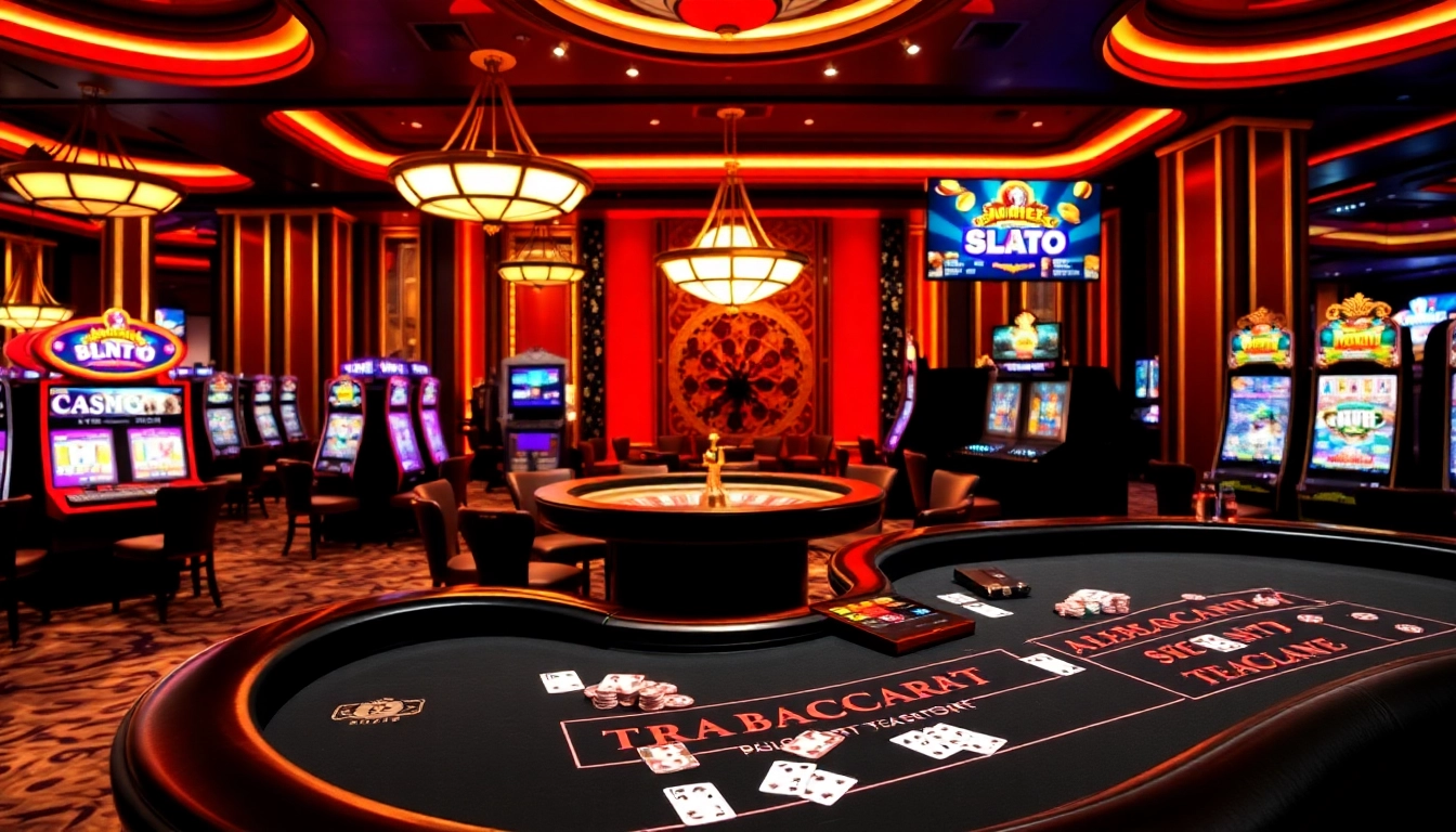 Baccarat table and slot machines at Happyluke Casino, reflecting excitement for gamblers at https://red88.hot/.
