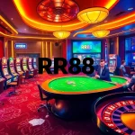 Experience RR88 with a vibrant casino scene featuring poker tables and slot machines.