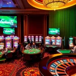 Vaoluoi Tv enhances excitement at a luxury casino table with enthusiastic players.