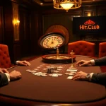 Engaged players at a poker table in a luxury casino environment showcasing Hit.Club branding.