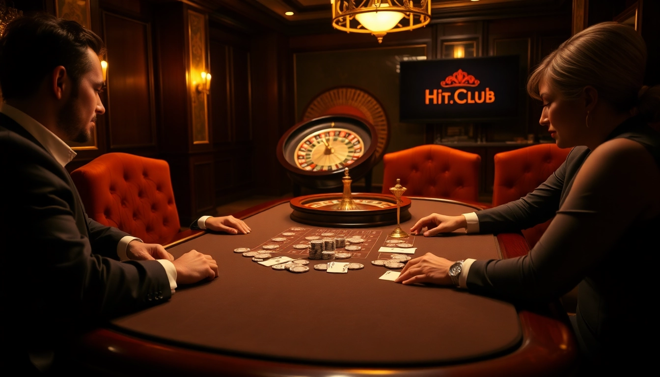 Engaged players at a poker table in a luxury casino environment showcasing Hit.Club branding.