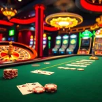 Experience the vibrant excitement of Vuabai9 with casino tables, cards, and slot machines in an engaging setting.