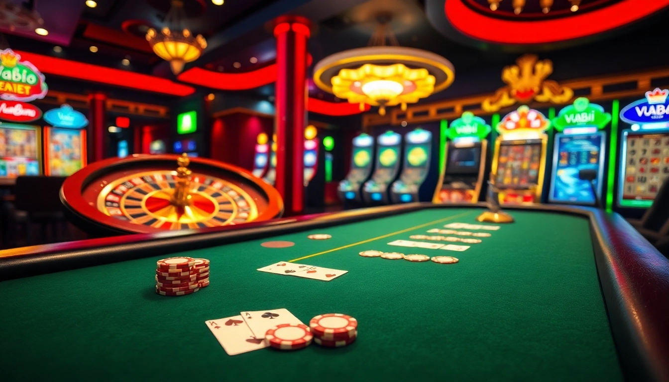 Experience the vibrant excitement of Vuabai9 with casino tables, cards, and slot machines in an engaging setting.