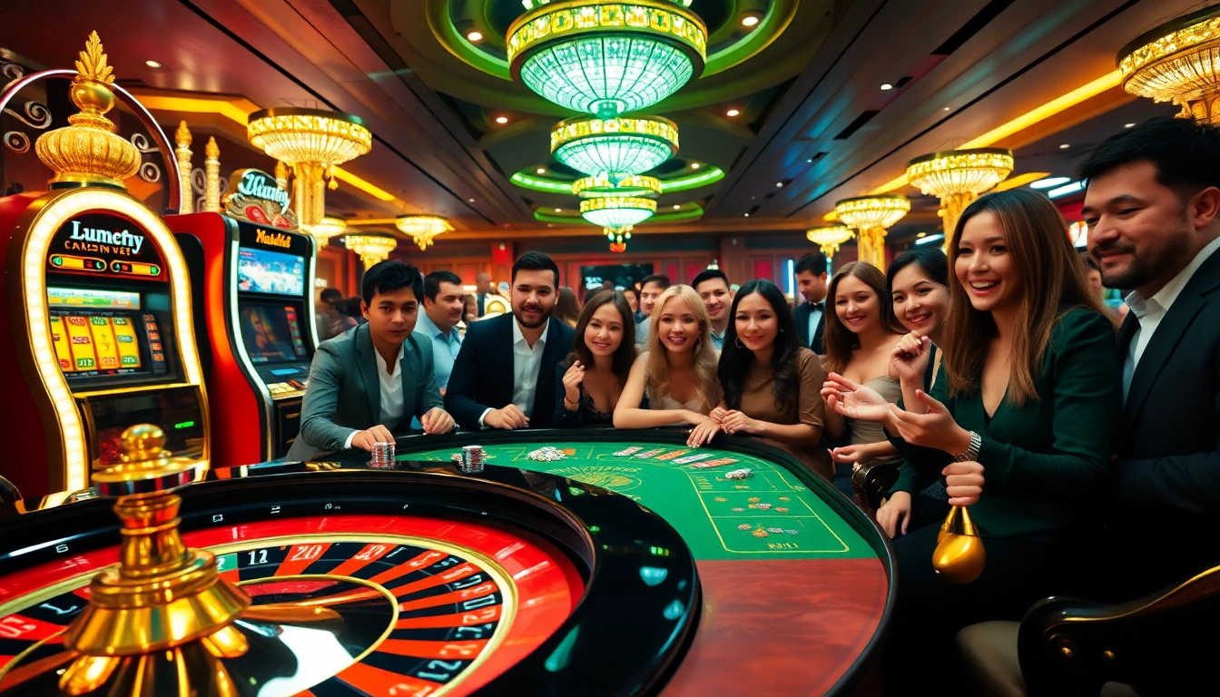 Experience high-stakes excitement with lu88py1 at a casino table filled with lively players and colorful chips.