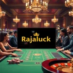 Experience the thrill of Rajaluck with players enjoying poker and roulette in a luxurious casino.