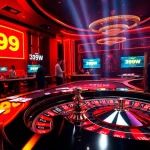 Exciting online gambling scene featuring 399W logo with poker action and roulette.