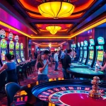 Experience the excitement of 23win with players celebrating wins at luxurious slot machines.
