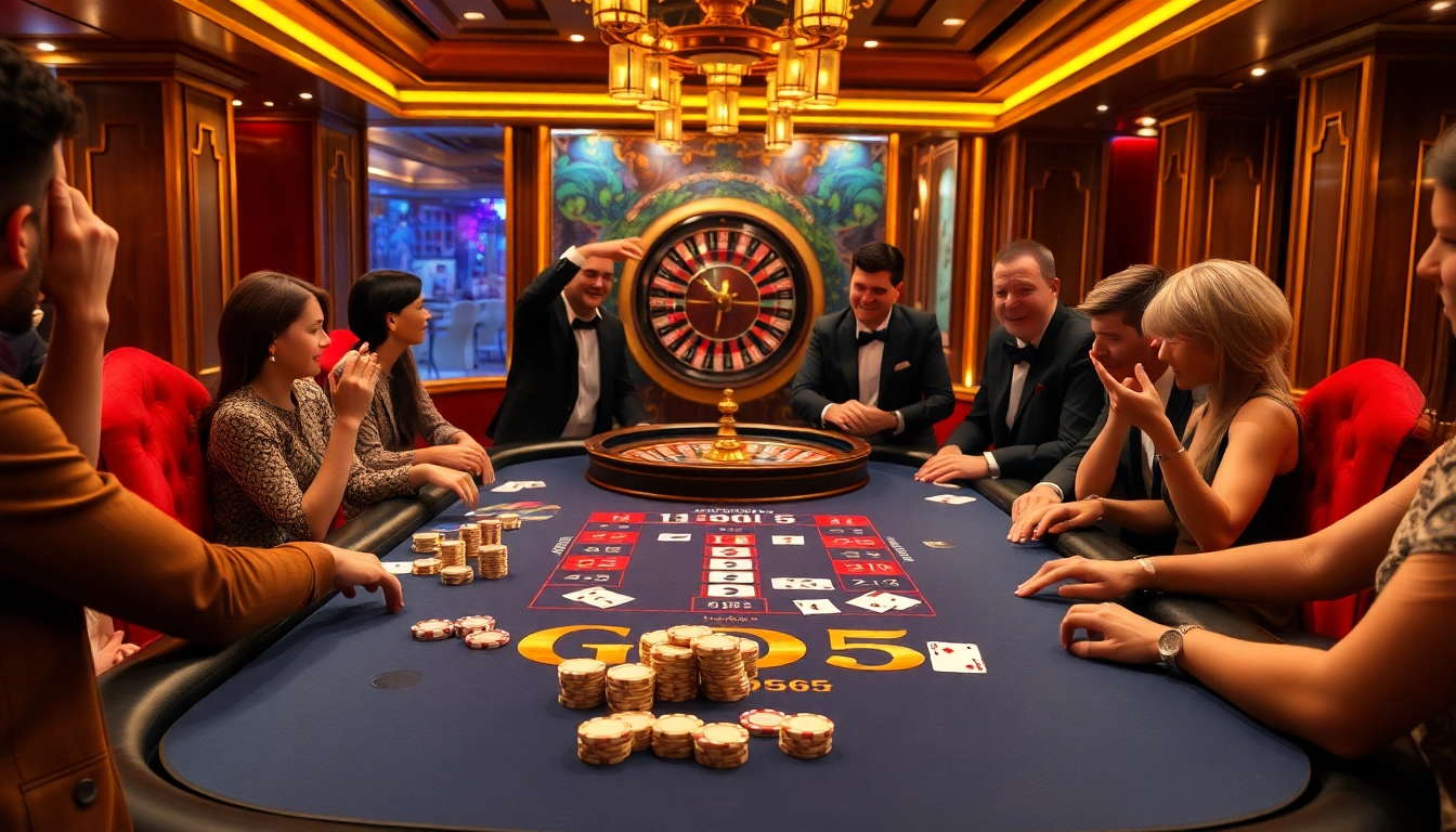 Players celebrating a win at GOD55 poker table in a luxurious casino setting.