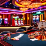 FABET casino scene with a vibrant roulette wheel, poker chips, and colorful slot machines.