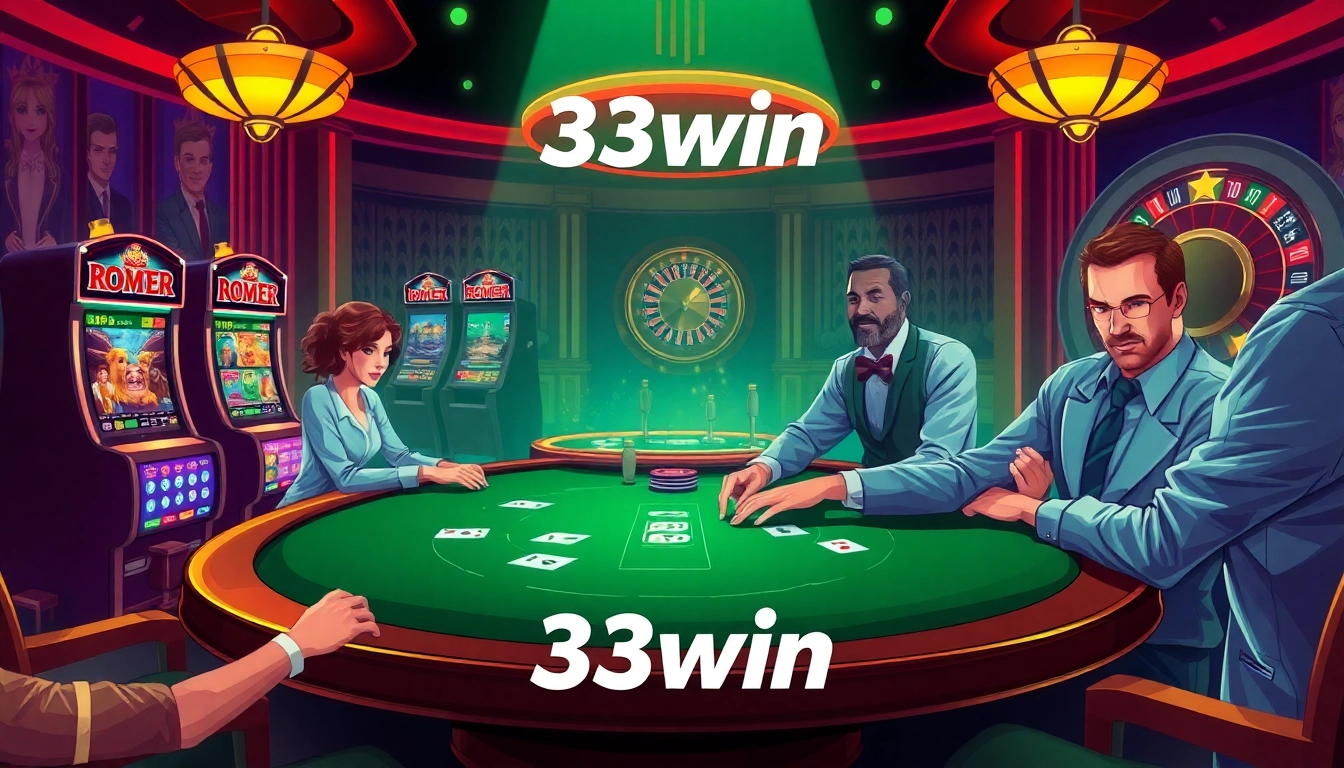 Players enjoying an exciting game at the luxurious 33win casino, featuring poker, roulette, and vivid slot machines.