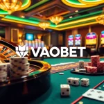 VAOBET logo displayed on an exciting casino scene featuring poker chips, cards, and roulette wheel.