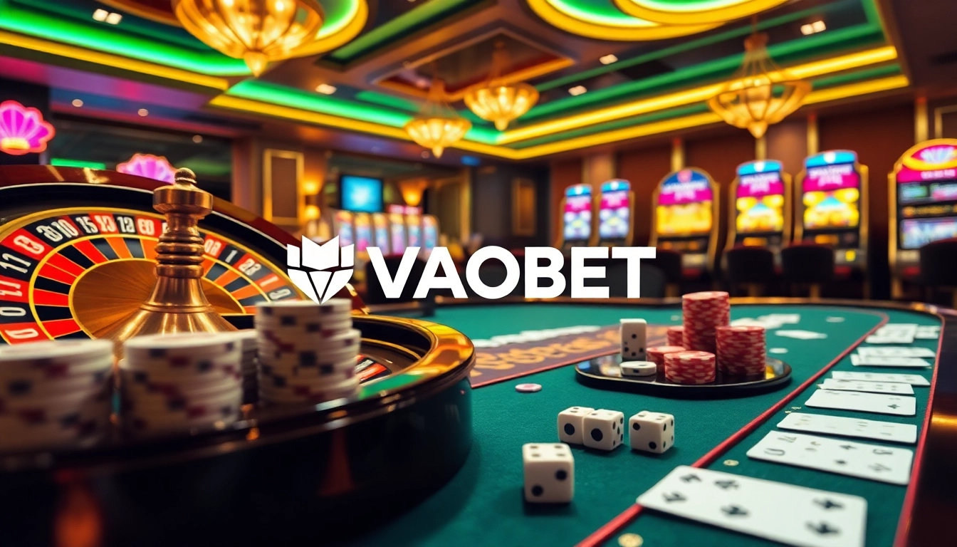 VAOBET logo displayed on an exciting casino scene featuring poker chips, cards, and roulette wheel.