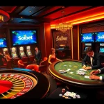 Gambler enjoying exciting games at Soibet casino, highlighting vibrant atmosphere with roulette and poker tables.