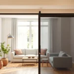 Bekijk een horren schuifdeur met elegante lijnen en natuurlijk licht in een moderne woonkamer.