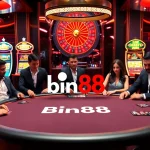 Engaging poker players at Bin88 casino table with vibrant chips and cards.
