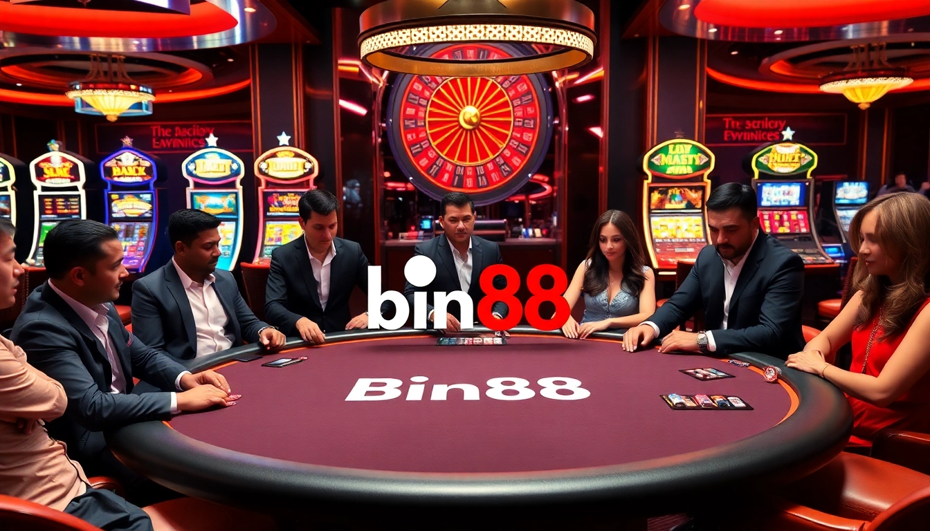 Engaging poker players at Bin88 casino table with vibrant chips and cards.