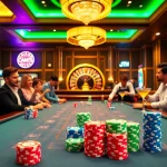 Engaging casino scene showcasing lively gameplay at a 7m poker table with vibrant atmosphere.