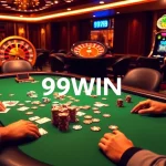 Engaged players at a 99WIN poker table surrounded by luxurious casino elements.